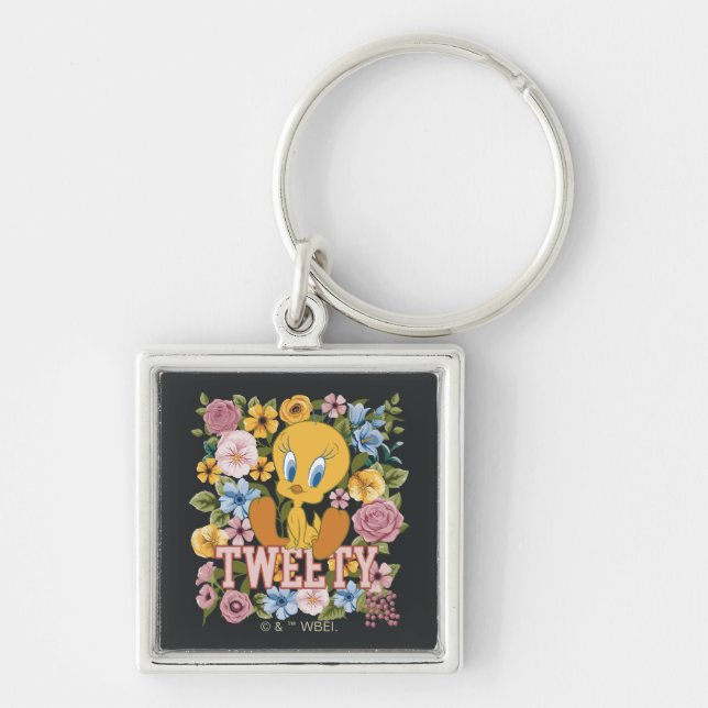 TWEETY™ Floral Embroidery Graphic Fyrkantig Silverfärgad Nyckelring (Framsidan)