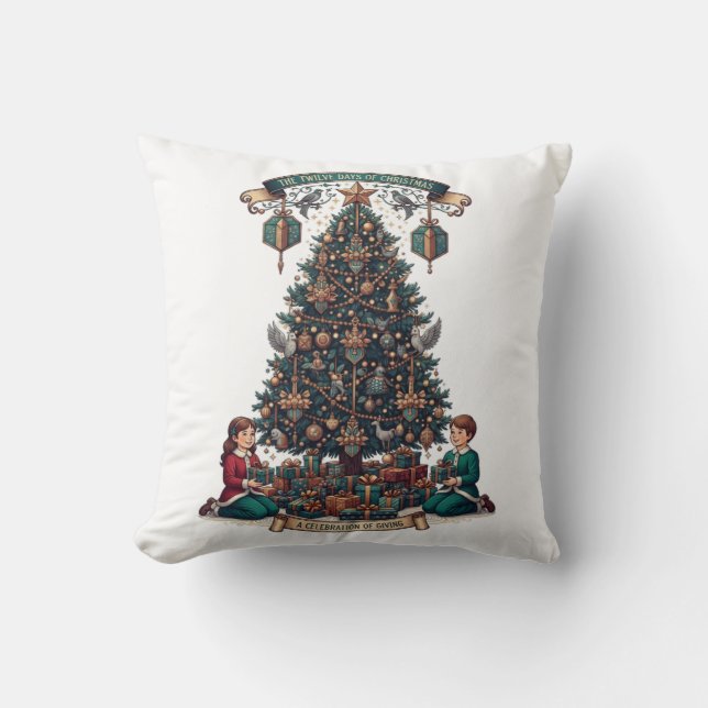 Twelve Days of Christmas T-Shirt, Ornate Gift Tree Kudde (Framsida)