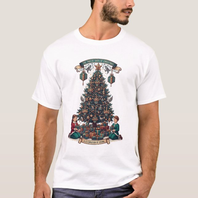 Twelve Days of Christmas T-Shirt, Ornate Gift Tree T Shirt (Framsida)