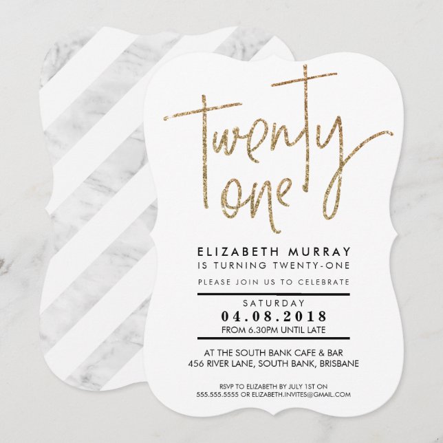 TWENTY EN TYP enkel guld glitter 21:a INBJUDAN (Fram/baksida)