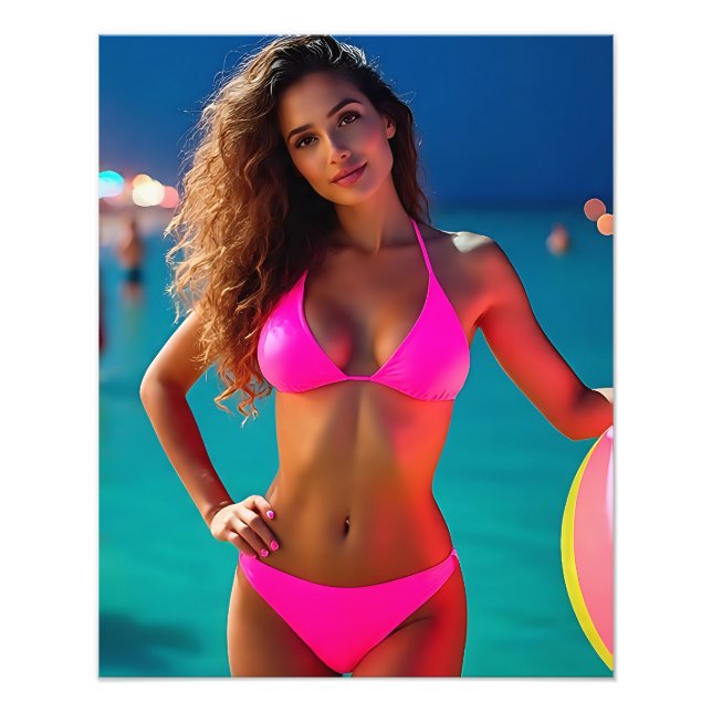 Twilight Beach Porträtt - Woman in Neon Rosa Bikin Fototryck (Framsidan)