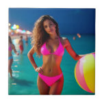 Twilight Beach Porträtt - Woman in Neon Rosa Bikin Kakelplatta<br><div class="desc">En modern skymningstrand porträtt: mjuk, kinematisk belysning snålar huden medan vatten glor bakom och går vid ljus gnistra i avstånd. Subjekt är avslappnat och tryggt och bikini-paret med nyfödd rosa med en färgstark strand boll skapar ett dynamiskt sommarhumör. Tryckt på aluminium via färgsublimering av professionell för rakhyvlade detaljer, mättat färg...</div>