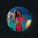 Twilight Beach Porträtt - Woman in Neon Rosa Bikin Knapp<br><div class="desc">En modern skymningstrand porträtt: mjuk, kinematisk belysning snålar huden medan vatten glor bakom och går vid ljus gnistra i avstånd. Subjekt är avslappnat och tryggt och bikini-paret med nyfödd rosa med en färgstark strand boll skapar ett dynamiskt sommarhumör. Tryckt på aluminium via färgsublimering av professionell för rakhyvlade detaljer, mättat färg...</div>