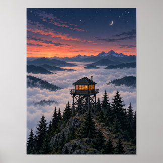 Twilight Fire Lookout Ovanför Dimma 12x16 Affisch