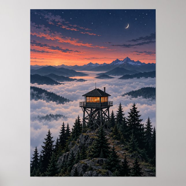 Twilight Fire Lookout Ovanför Dimma 12x16 Affisch (Framsidan)