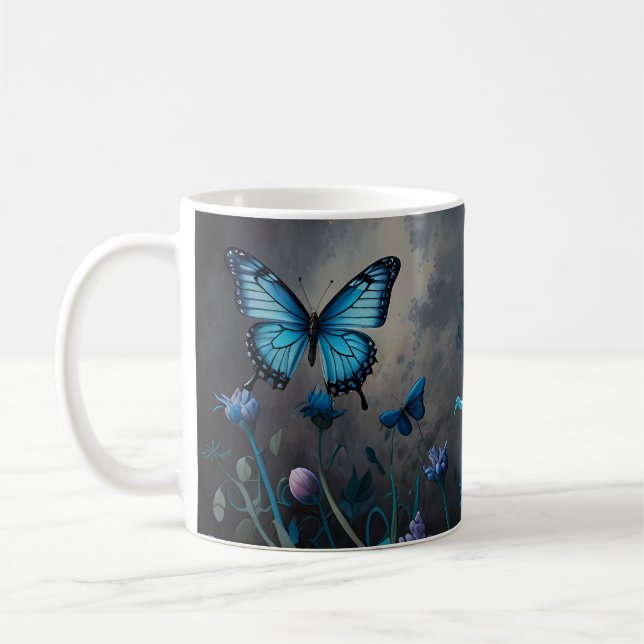 Twilight Garden Butterfly och gult Flower-blommor Kaffemugg (Vänster)