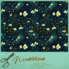 Twilight Garden Navy Blue, Guld Blommigt Decoupage