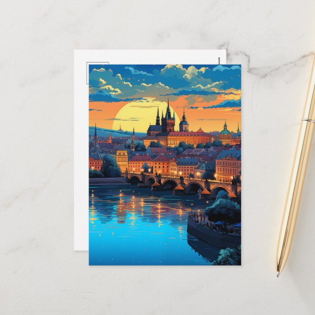 Twilight Magic over Prag Helg Vykort (Fram/Back In Situ)