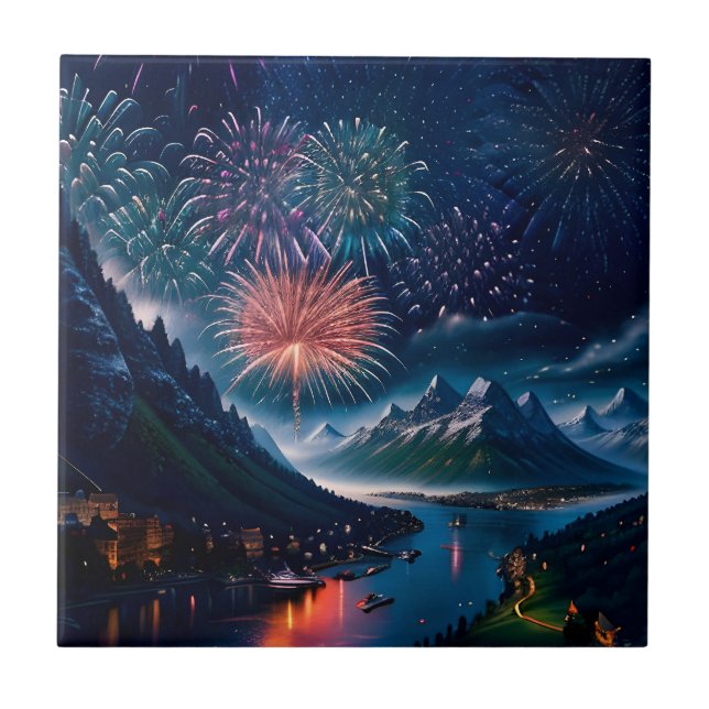 Twilight Mountain med Fireworks Kakelplatta (Framsidan)