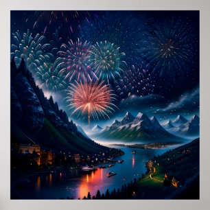 Twilight Mountain med Fireworks Poster