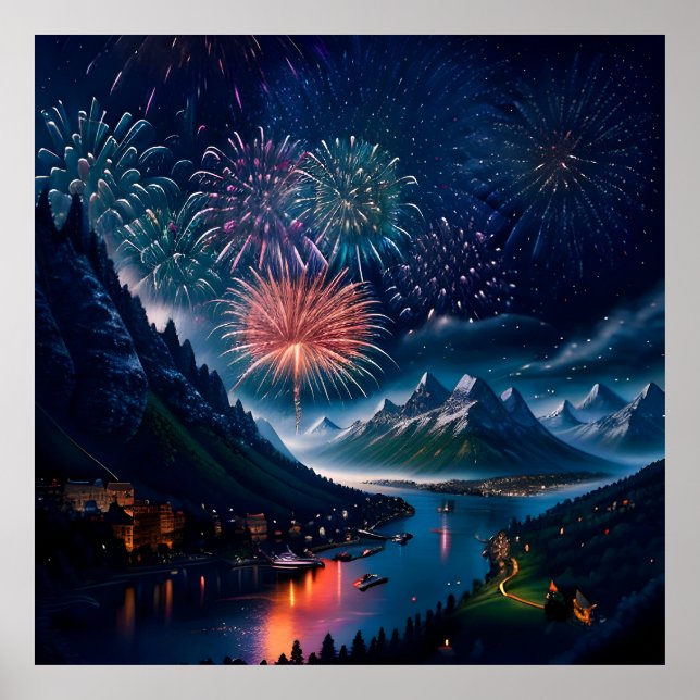 Twilight Mountain med Fireworks Poster (Framsidan)