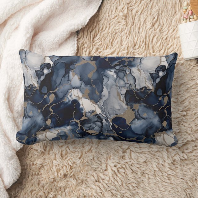 Twilight Navy Blue och Grått med Antique Guld Lumbarkudde (Filt)