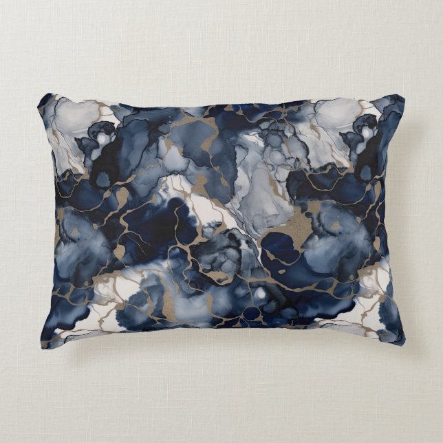 Twilight Navy Blue och Grått med Antique Guld Prydnadskudde (Framsidan)