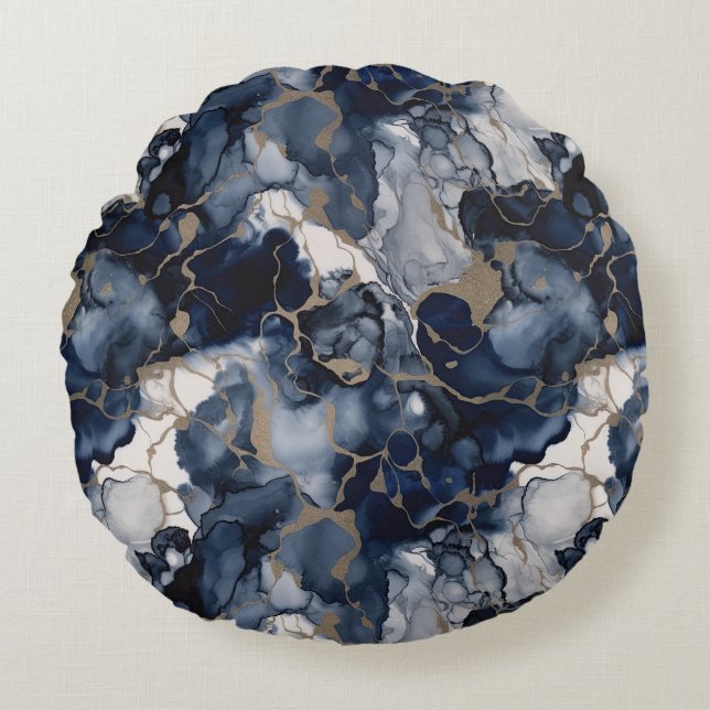 Twilight Navy Blue och Grått med Antique Guld Rund Kudde (Framsidan)