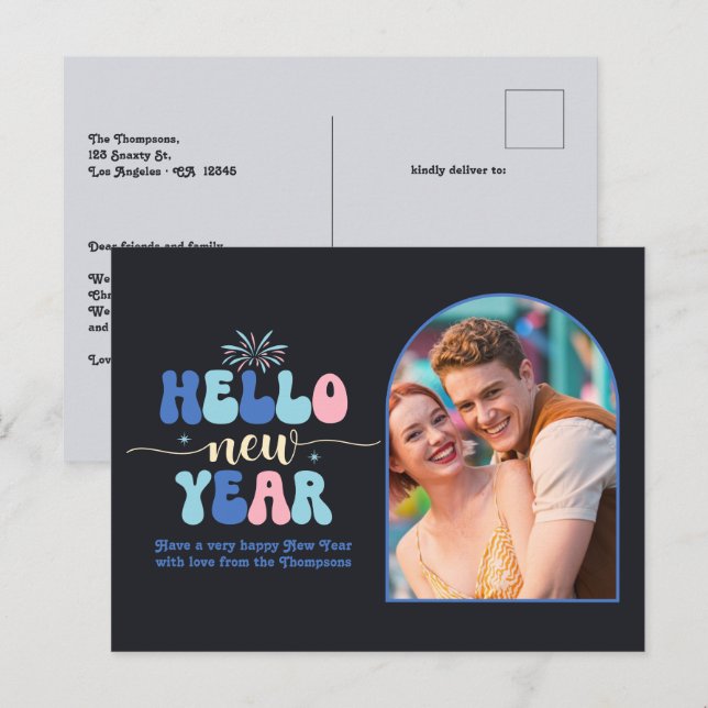 Twilight Pop New Year Retro Modern Blue Photo Helg Vykort (Fram/baksida)