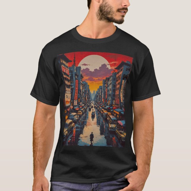 Twilight Reflection in Neon City T Shirt (Framsida)