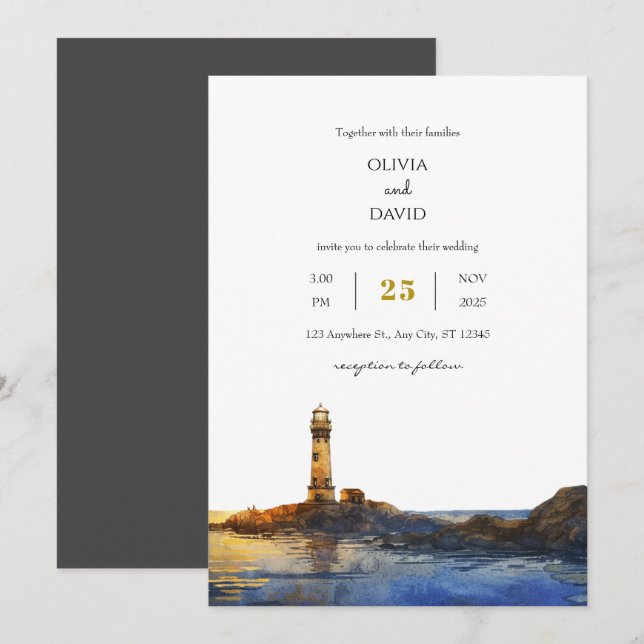 Twilight Rocky Lighthouse Watercolor Beach Wedding Inbjudningar (Fram/baksida)