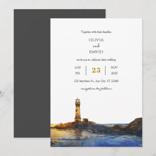 Twilight Rocky Lighthouse Watercolor Beach Wedding Inbjudningar