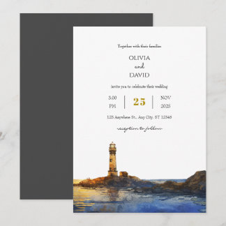Twilight Rocky Lighthouse Watercolor Beach Wedding Inbjudningar