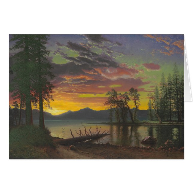 Twilight, Sjö Tahoe, c.1870s (olja på arbetsyta) Hälsningskort (Framsidan Horizontal)