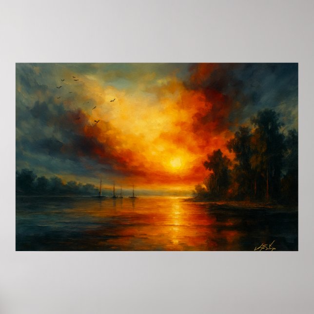 Twilight Voyage Fiery Sunset and Calm Lake Poster (Framsidan)