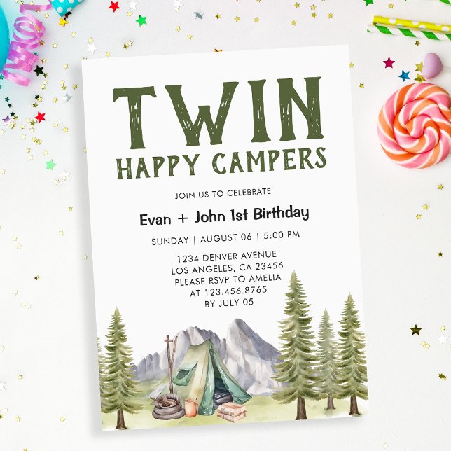 Twillingar 1:a födelsedag Lycklig Campers Rustic Inbjudningar (Skapare uppladdad)
