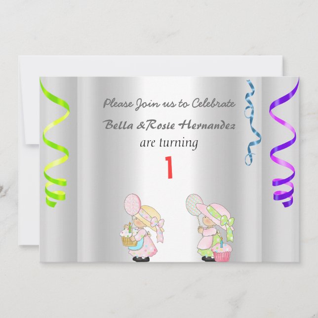 Twillingar 1:a födelsedag Party Silver Inbjudningar (Framsida)