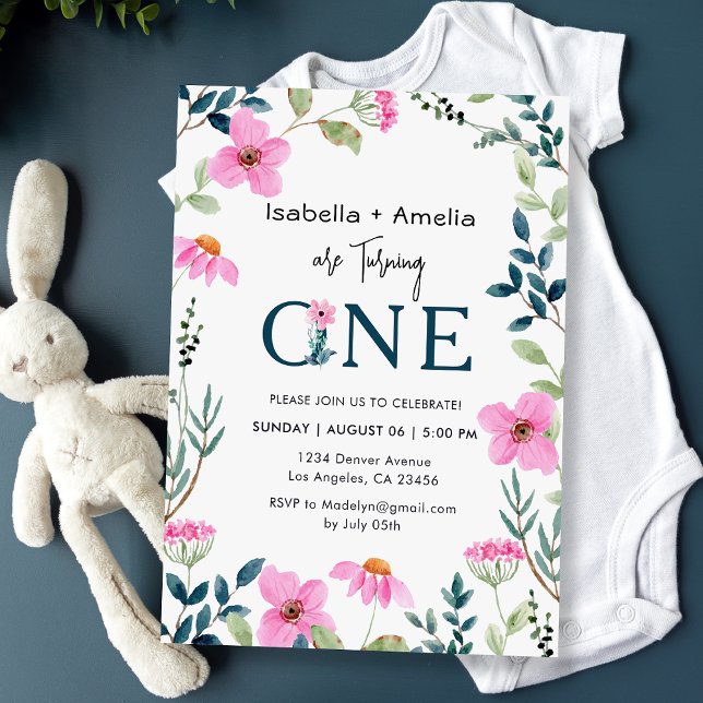 Twillingar 1:a födelsedagen Party Wildblomme Tema Inbjudningar (Skapare uppladdad)