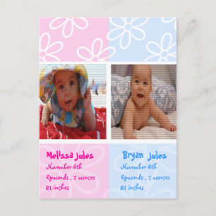 twillingar baby-annonseringsfotokort meddelande vykort