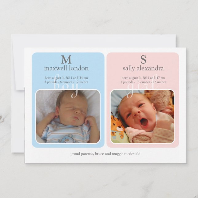 Twillingar Baby Announcment - Monogram Meddelande (Framsida)