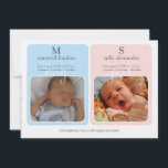 Twillingar Baby Announcment - Monogram Meddelande<br><div class="desc">Enkelt men modernt Monogram Baby-meddelande för twillingar pojke och flicka. Om ni vill ha en förändring i färg,  så säg till. (paula@labellarue.com) Kontrollera innan du skickar din beställning. Gång som du skickar in och du inser att det finns ett fel som du måste kontakta kundtjänsten för Zazzle.</div>