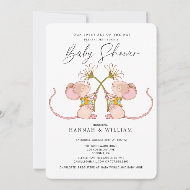 Twillingar Baby Baby Shower Baby Mice Inbjudningar (Framsida)