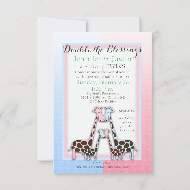 Twillingar Baby Shower Baby Girafes Blue and Rosa  Inbjudningar (Framsida)