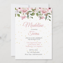 Twillingar Baby Shower Cute Lejon Rosa Blommigt Gu Inbjudningar