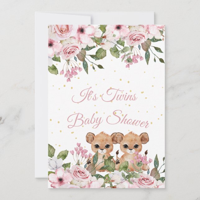 Twillingar Baby Shower Cute Lejon Rosa Blommigt Gu Inbjudningar (Baksida)