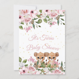 Twillingar Baby Shower Cute Lejon Rosa Blommigt Gu Inbjudningar