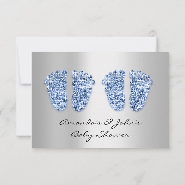 Twillingar Baby Shower Feet Glitter Blue Boys Gråt Inbjudningar (Baksida)