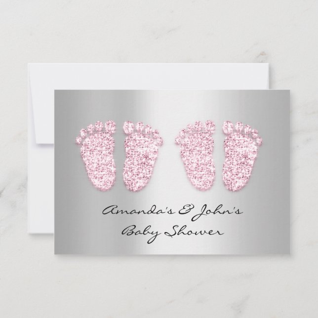 Twillingar Baby Shower Feet Glitter Grått Rosa Gir Inbjudningar (Baksida)