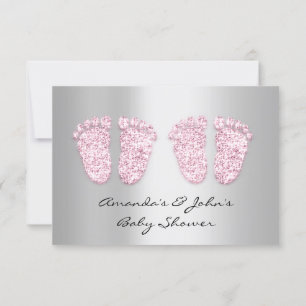 Twillingar Baby Shower Feet Glitter Grått Rosa Gir Inbjudningar