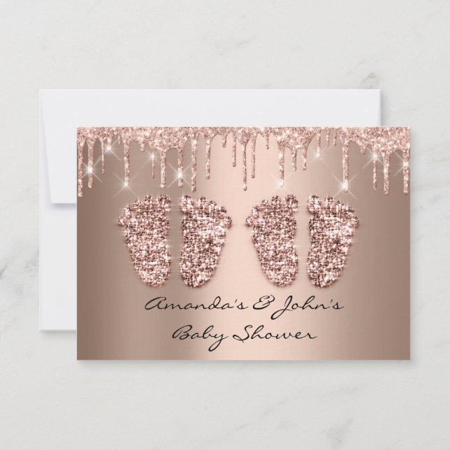 Twillingar Baby Shower Feet Glitter Ro Dricks Girl Inbjudningar (Baksida)