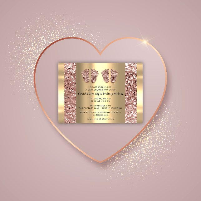 Twillingar Baby Shower Feet Ro Glitter Boy Girl Gu Inbjudningar (Twins Baby Shower Feet Rose Glitter Boy Girl Gold Invitation)