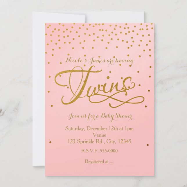 TWILLINGAR Baby Shower Girl Rosa & Guld Dot-inbjud Inbjudningar (Framsida)