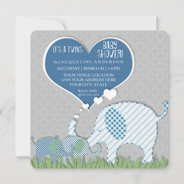Twillingar Baby Shower Heart Elephants Grått Blue  Inbjudningar (Framsida)