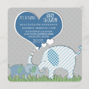 Twillingar Baby Shower Heart Elephants Grått Blue Inbjudningar