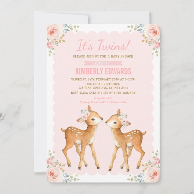 Twillingar Baby Shower Hjort  Rosa Blommigt Inbjudningar (Framsida)