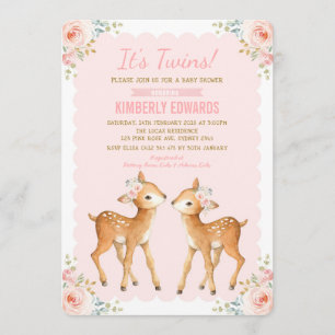 Twillingar Baby Shower Hjort Rosa Blommigt Inbjudningar