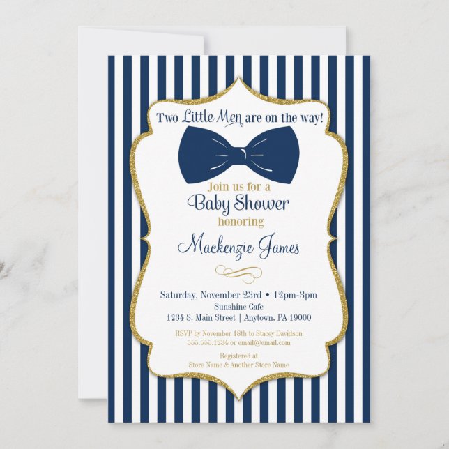 Twillingar Baby Shower-inbjudan Blue Guld Bow Tie Inbjudningar (Framsida)