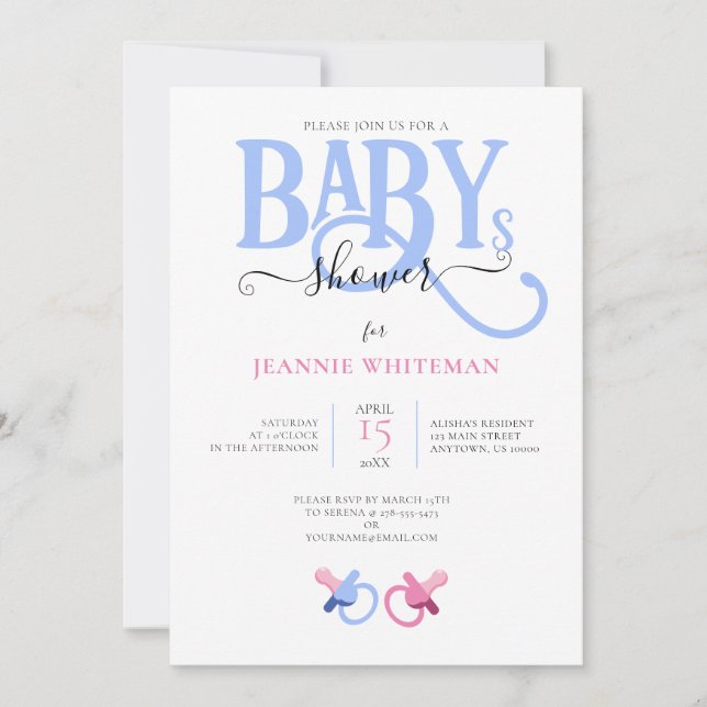 TWILLINGAR BABY SHOWER MED ROSA & BLUE NAPPAR INBJUDNINGAR (Framsida)