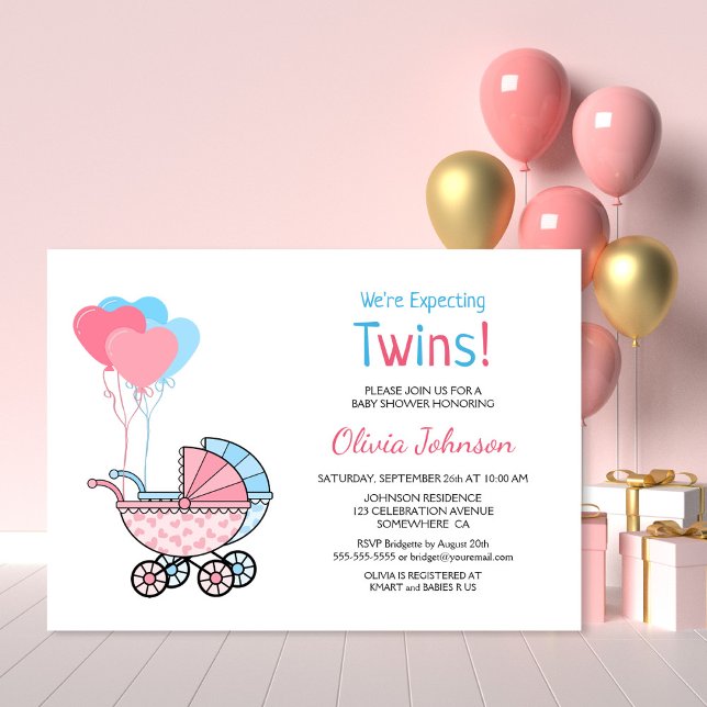 Twillingar Baby Shower Rosa Blue Balloes och Barnv Inbjudningar (Skapare uppladdad)