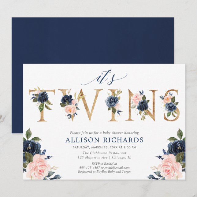 Twillingar babydusch, twillingar för flickpojke ro inbjudningar (Fram/baksida)